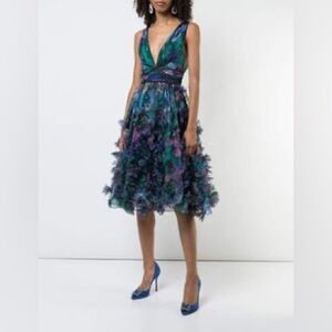 NWOT Marchesa Notte 3D Floral Cocktail Organza Emerald Green Midi Dress Size 12